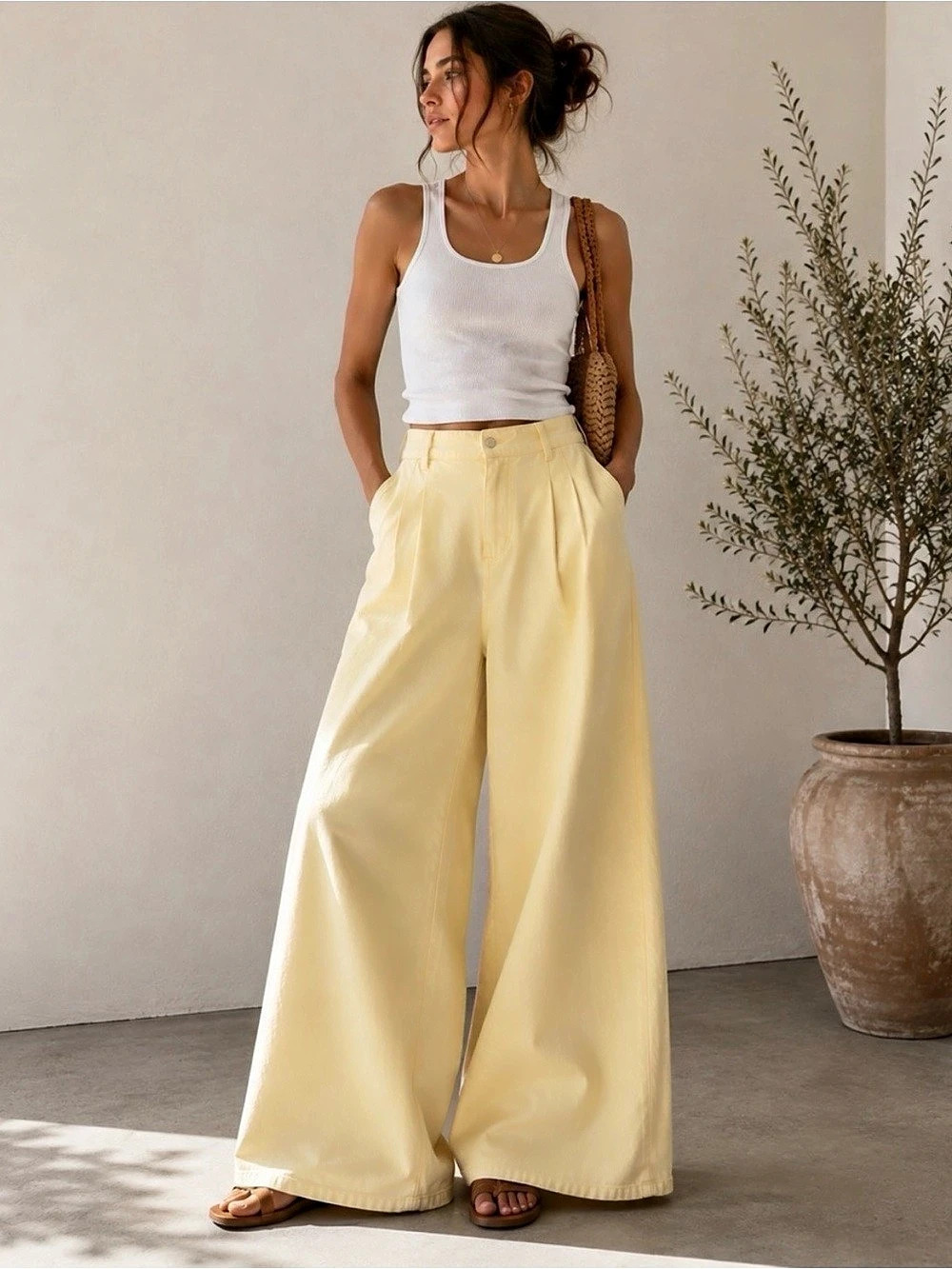 NWT Avec Les Filles Pleated Trouser Denim Pants Wide Leg Yellow Medium